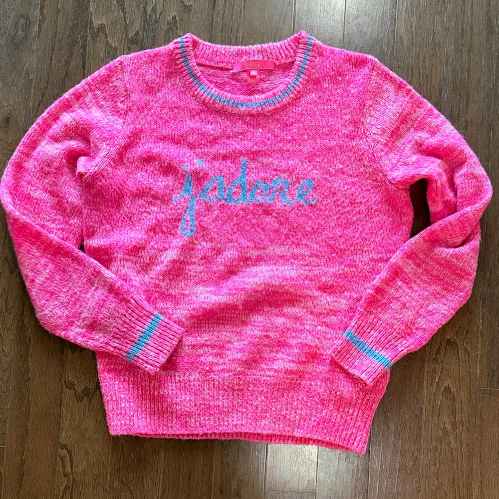 Lily Pulitzer “j’adore” Pink Crewneck Sweater with Blue Script